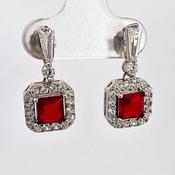 Silver square Ruby Pink CZ Halo drop earrings 38711 image