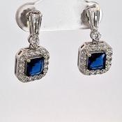 Silver square Sapphire Blue CZ Halo drop earrings 38707 image