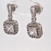 Silver square CZ Halo drop earrings 38719 image