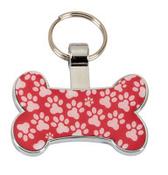 Bone shape Pet Tag Red &amp; White paw prints 35mm wide FREE ENGRAVING image