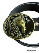 HORSE Belt Buckle with belt gold western style oval with feathers design image