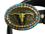 Longhorn Bull Buckle with belt Native American Indian style Gold metal image