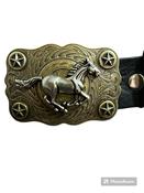 Western Style Horse Belt Buckle with belt cowboy brass silver image