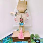 Jewellery set, bracelet and keyring, pink tassel
