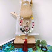 Jewellery set, bracelet and keyring, red tassel