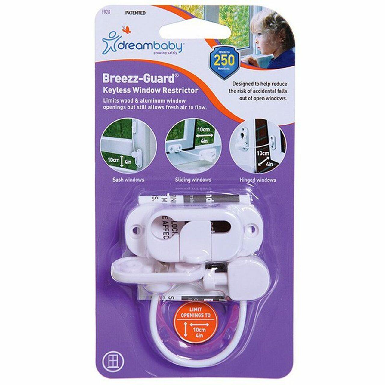 Dreambaby Breezz-Guard Keyless Window Restrictor - Limits wood & aluminum window openings, Suitable for sash, sliding and hinged windows, Tested to 250 Newtons