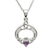 Sterling Silver February Claddagh &amp; Trinity Knot Birthstone Necklace image