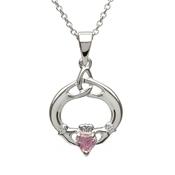Sterling Silver October Claddagh &amp; Trinity Knot Birthstone Necklace image