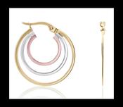 9ct Three Tone Yellow, White &amp; Rose Gold Triple Hoop Earrings image
