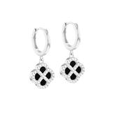 Sterling Silver Rhodium Plated Black Agate Clover and CZ Hoop Earrings image