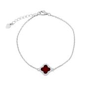 Sterling Silver Rhodium Plated 11mm Clover Red Agate and 1.1mm White CZ Adjustable Bracelet