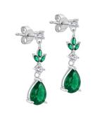 Sterling Silver Rhodium Plated White Round CZ &amp; Green Glass Marquise and Teardrop Drop Earring image