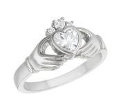 Sterling Silver Rhodium Plated Heart CZ Claddagh Ring image