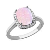 Sterling Silver Rhodium Plated Rectangle Synthetic Pink Opal and White CZ Halo Ring image