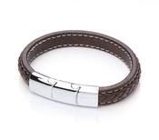 Gents Brown Leather Plait Bracelet With Steel Design Clasp image