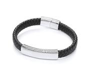 Gents Black Leather Plait Bracelet With Steel Design Clasp image