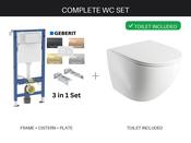 Complete WC Set – Geberit Alpha Duofix 98cm Under-Window Frame, Flush Plate &amp; Rimless Wall Hung Toilet