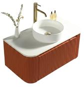 Flauto Fluted Curve Corner Vanity with Sintered Stone Counter Top - Bruciata Orange