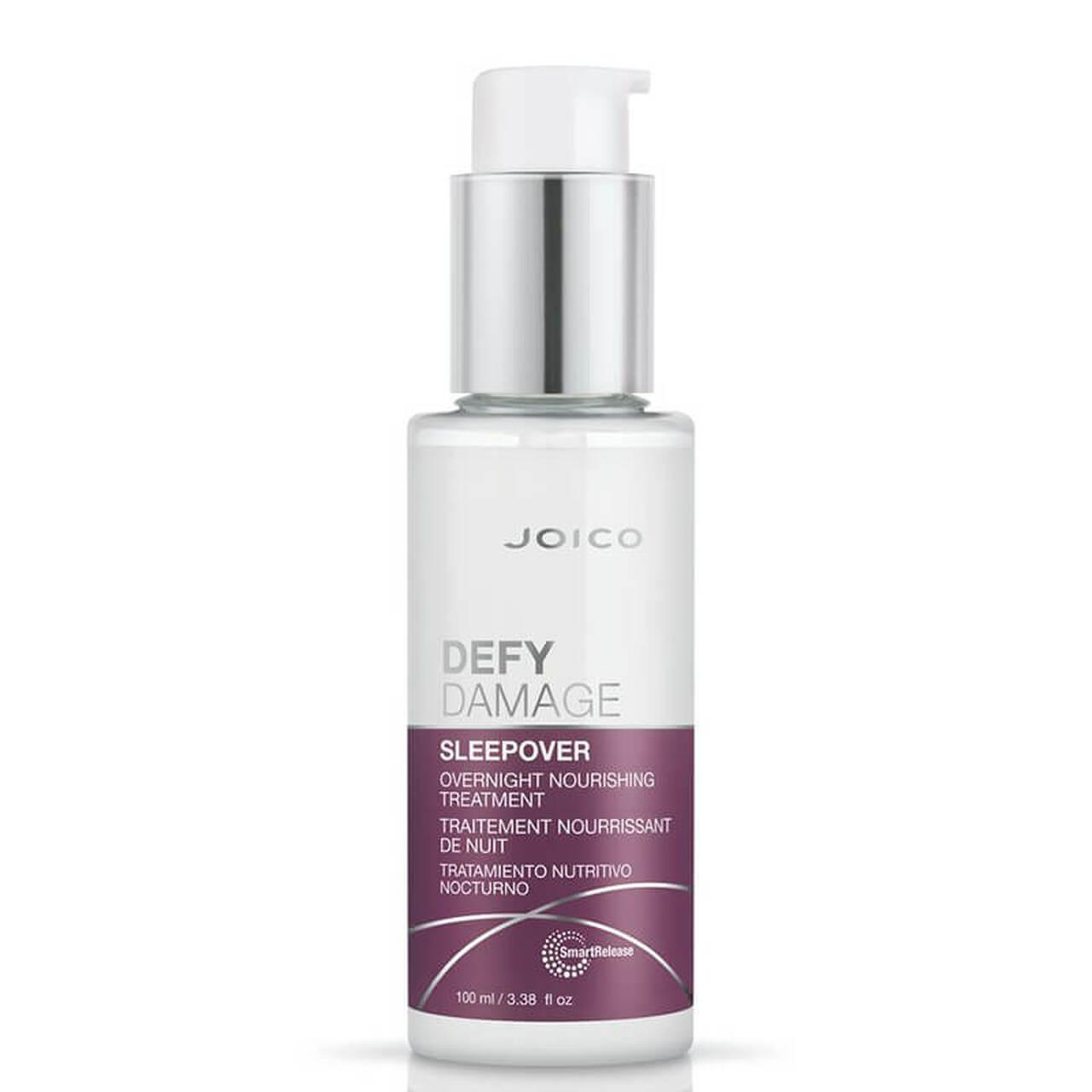 Joico Defy Damage Sleepover Overnight Treatment 100ml for Damaged Hair, Nourishing, Repairs, and Boosts Shine. Image Features: Defy Damage, Sleepover, Overnight Nourishing Treatment, SmartRelease