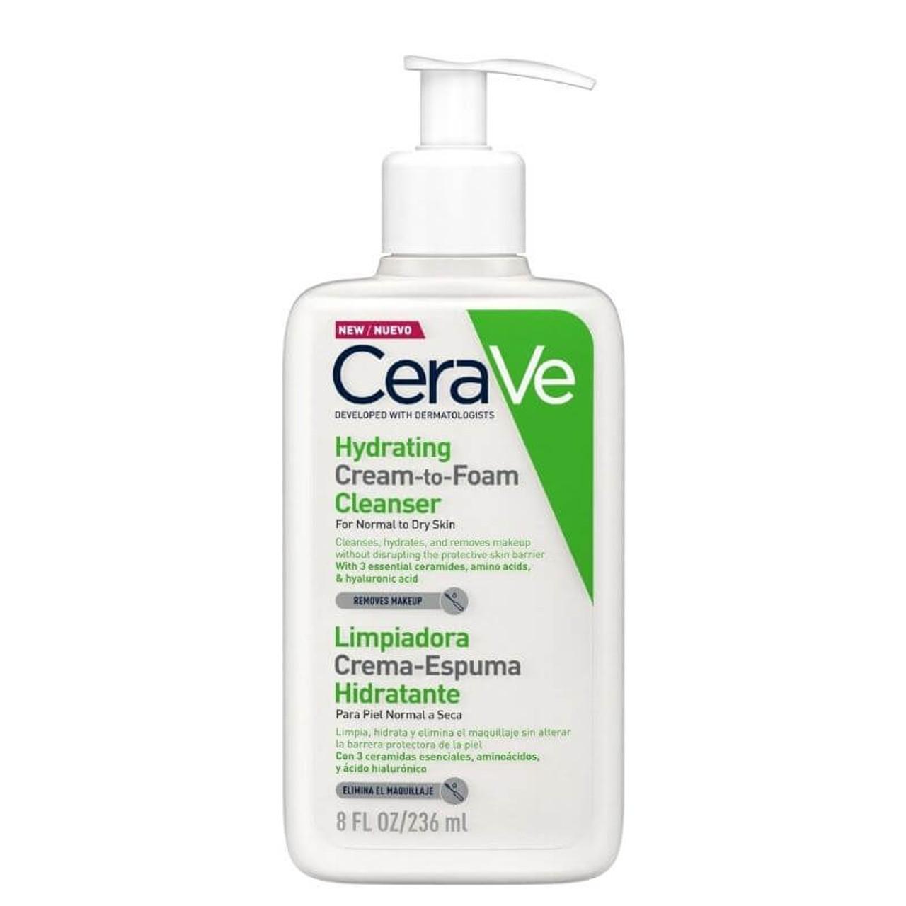 CeraVe Cream-to-Foam Cleanser for Normal to Dry Skin - Removes Makeup, Hydrating, With Ceramides, Hyaluronic Acid - 236ml