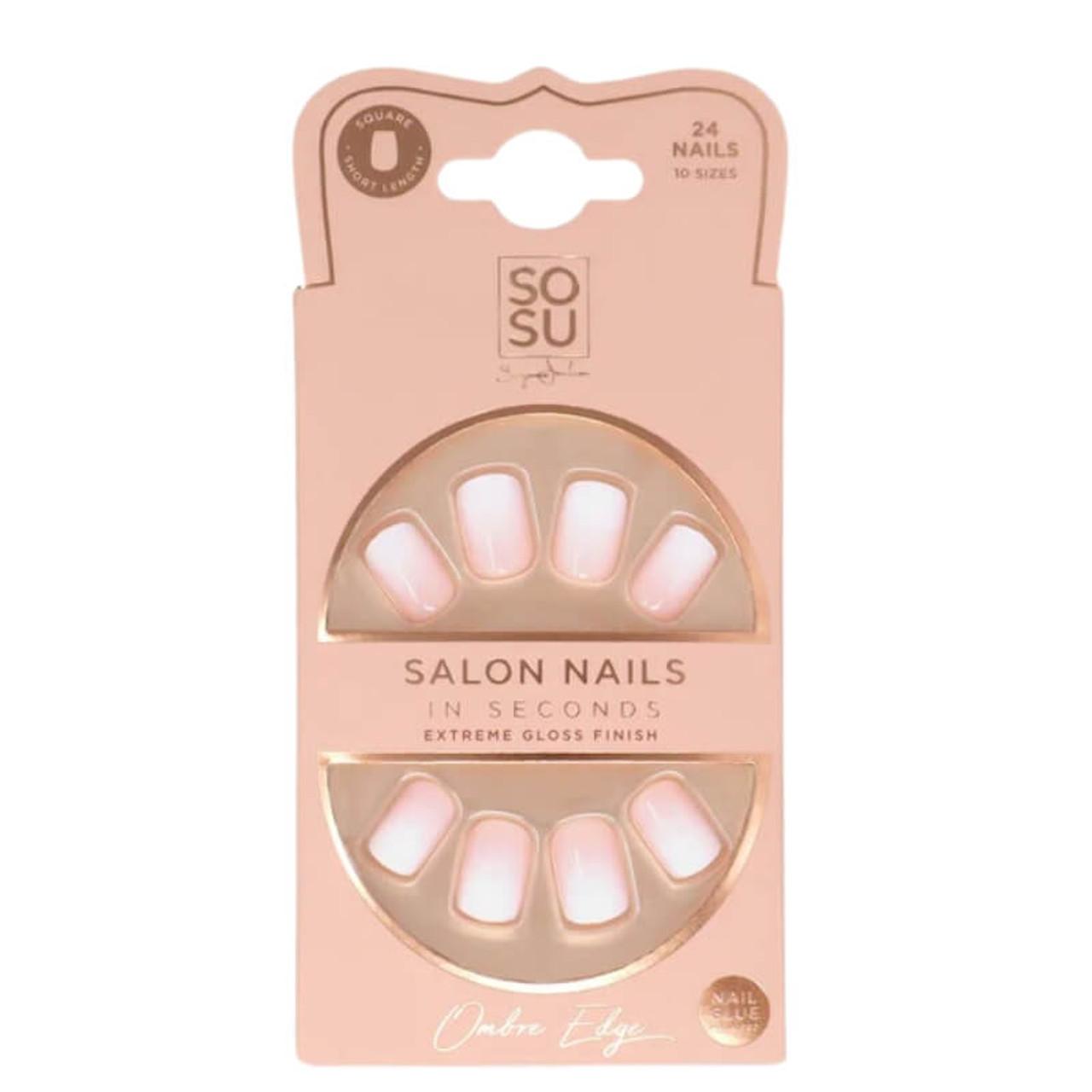 SOSU Ombre Edge False Nails - Square Short Length, 24 Nails, 10 Sizes, Extreme Gloss Finish, Includes Nail Glue