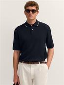 Ribbed Knitted Polo Shirt - Navy - M