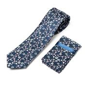 Floral 7cm Tie With Pocket Square - Navy image