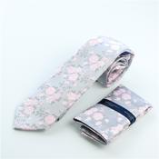 Floral 7cm Tie With Pocketsquare - Grey - One Size image
