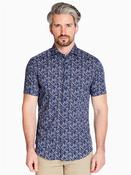 Satin Stretch Leaf Print - Blue - M