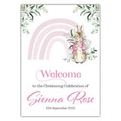 Christening Welcome Sign -  Peter Rabbit Rainbow Pink image