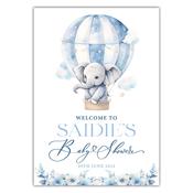 Baby Shower Welcome Sign - Elephant Hot Air Balloon - Blue