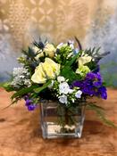 Cream and Purple Flower Arrangement in Cube Vase image