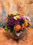 Halloween Flower Arrangement in Goldfish Bowl Vase image