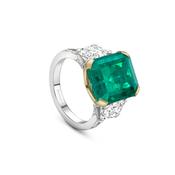 Octagonal Emerald and Diamond Platinum and Yellow Gold Ring image