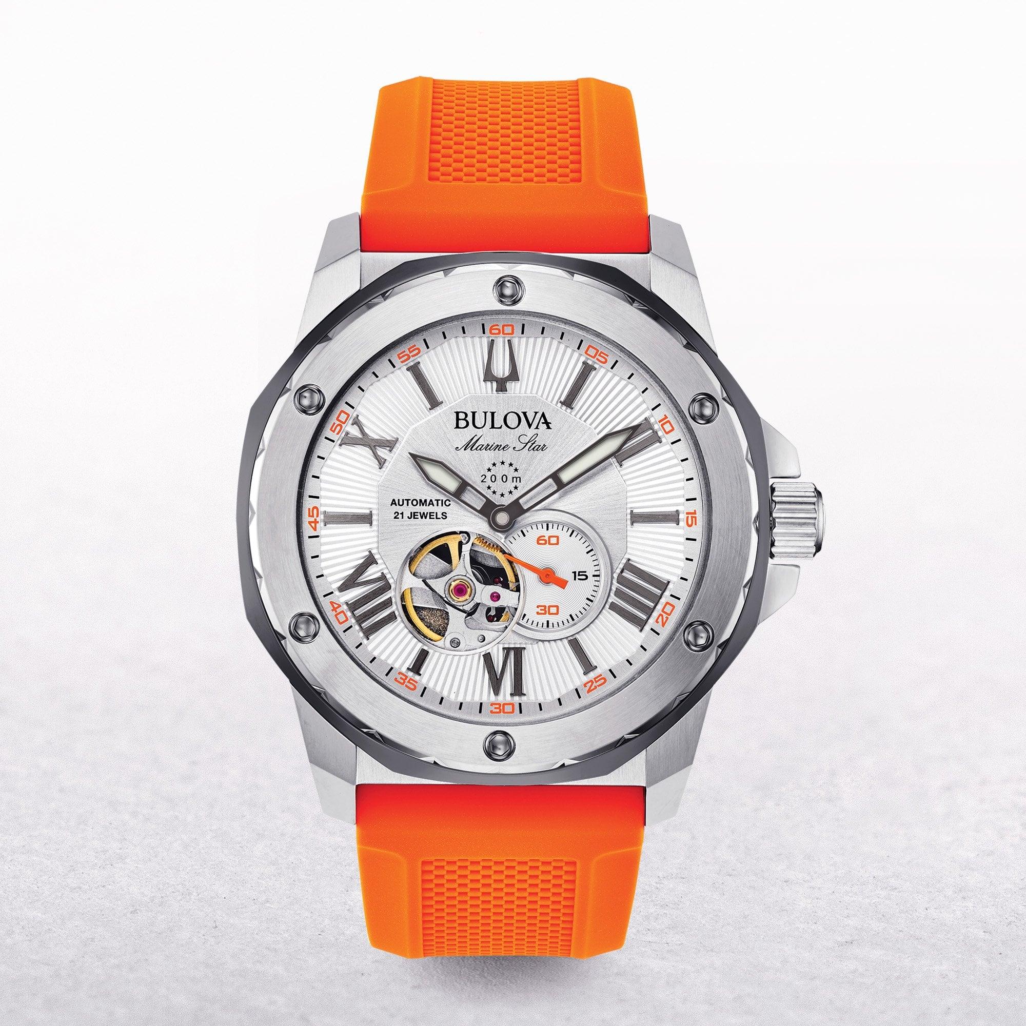 Bulova Gents Marine Star Automatic Watch with Orange Silicone Strap in