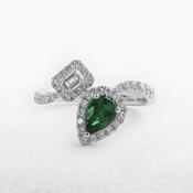 0.63ct Pear Cut Emerald and Emerald Cut Natural Diamond Moi et Toi Ring in 18ct White Gold image
