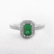 0.90ct Emerald &amp; 0.48ct Natural Diamond Halo Ring with Diamond Shoulders in 18ct White Gold image