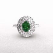 18ct White Gold Oval Emerald &amp; Natural Diamond Double Halo Ring image