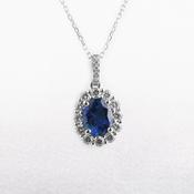 18ct White Gold Oval Sapphire &amp; Natural Diamond Pendant