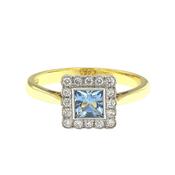 18ct Y/G and Plat Sq Aqua 0.44 and Diamond 0.20 Clust ring image