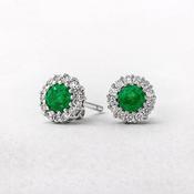 1.03ct Emerald &amp; 0.41ct Natural Diamond Cluster Stud Earrings in 18ct White Gold