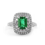 1.51ct Emeral Cut Emerald &amp; Natural Diamond Double Halo Style Ring in White Gold image