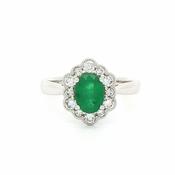 18ct White Gold Emerald and Natural Diamond Oval Cluster Ring image