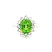 4.08ct Oval Peridot &amp; 0.77ct Natural Diamond Antique Cluster Ring In 18ct White Gold