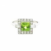 0.70ct Square Peridot &amp; 0.30ct Natural Diamond Cluster Ring In Platinum