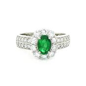 0.52ct Oval Emerald &amp; 0.76ct Natural Diamond Cluster Halo with Double Row Shank in 18ct White Gold
