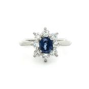 0.85ct Oval Sapphire &amp; 0.56ct Natural Diamond Halo Cluster Ring in Platinum image