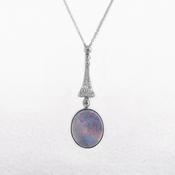 Black Oval Opal &amp; Natural Diamond Drop Pendant in Platinum image