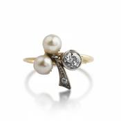 Edwardian 18ct Gold Natural Pearl &amp; Old Cut Diamond Ring