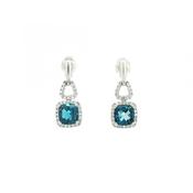 Natural Diamond &amp; London Blue Topaz Cushion Drop Earrings in 18ct White Gold